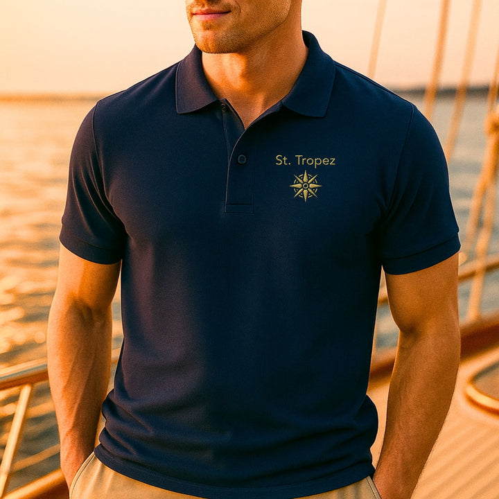 St. Tropez Compass – Organic Polo with golden embroidery